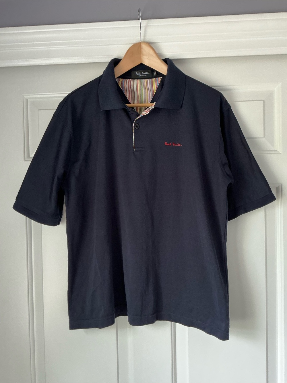 Paul Smith London Navy Polo with Multi-Stripe Inner Placket Short Sleeve Polo XL